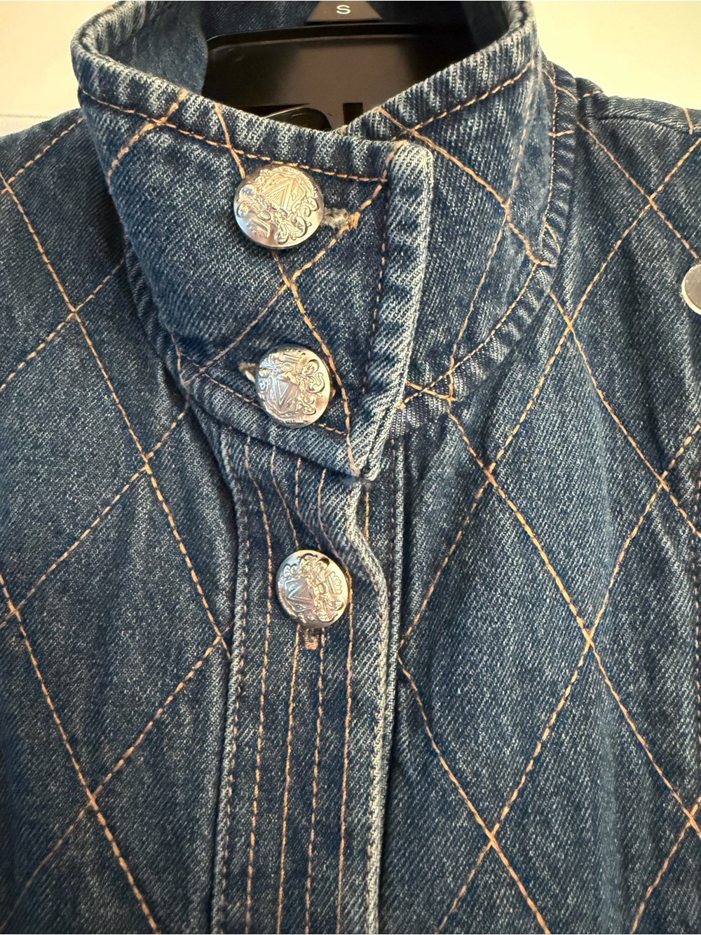 Veronica Beard Quilted Denim Jacket in Dark Blue with Silver Buttons